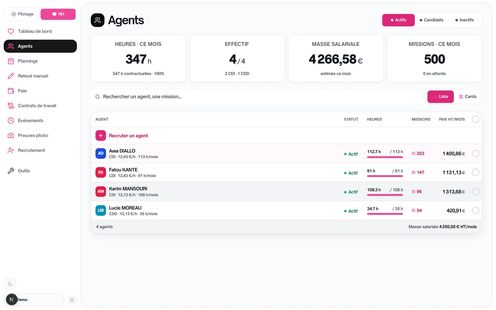 Heures faites contre heures dues — capture du tableau de bord